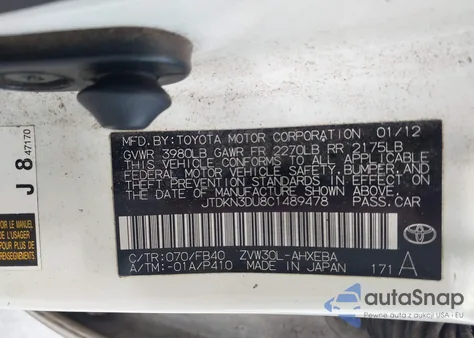 2012 Toyota Prius Two из США, поврежденный, VIN JTDKN3DU8C1489478